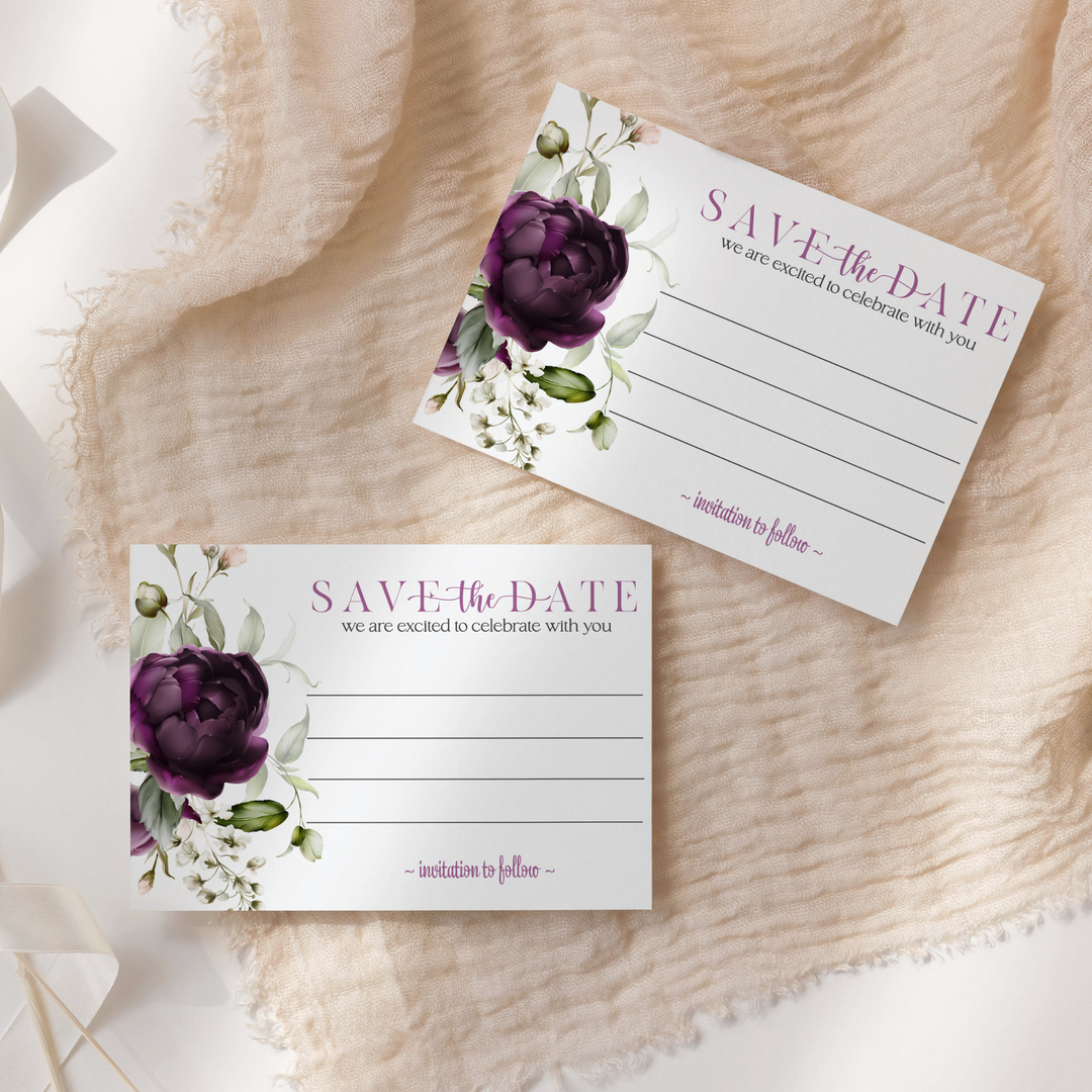 Modern Purple Floral Save the Date Cards (25 Pack) - Sophisticated Invitations with Envelopes - 3.5x5 - Paper Clever Party