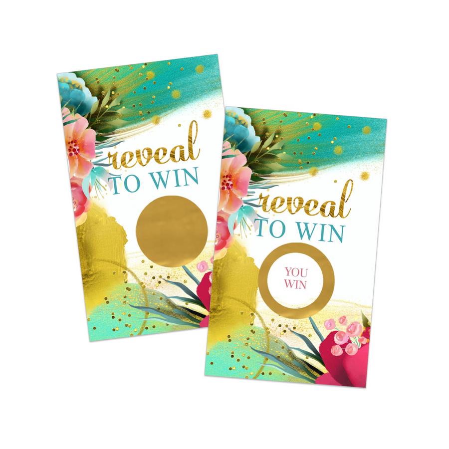 Aloha Greenery Scratch Off Game (30 Pack) - Tropical Floral, Bridal & Baby Shower, Pink & Gold Drawing Prizes - Paper Clever Party