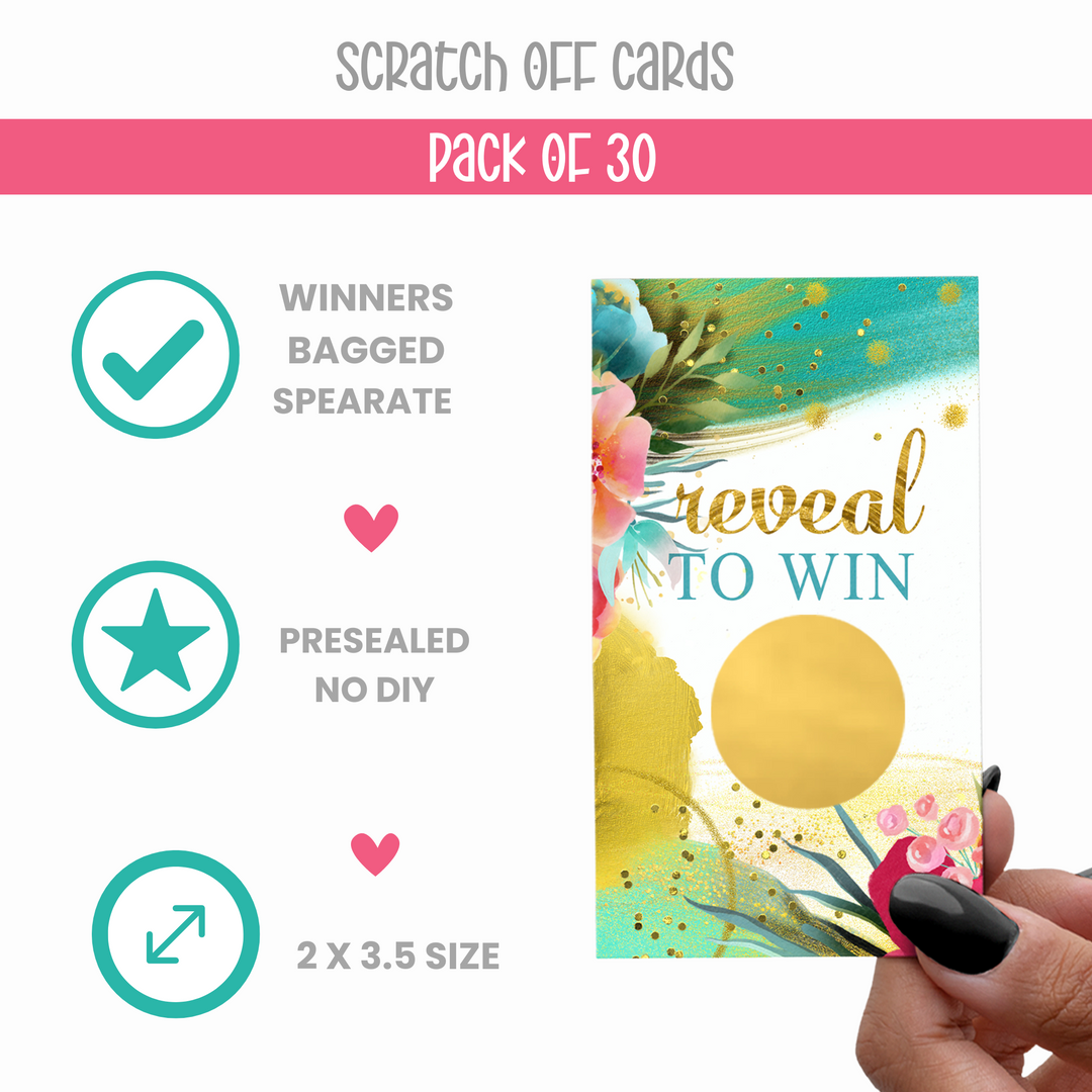 Aloha Greenery Scratch Off Game (30 Pack) - Tropical Floral, Bridal & Baby Shower, Pink & Gold Drawing Prizes - Paper Clever Party