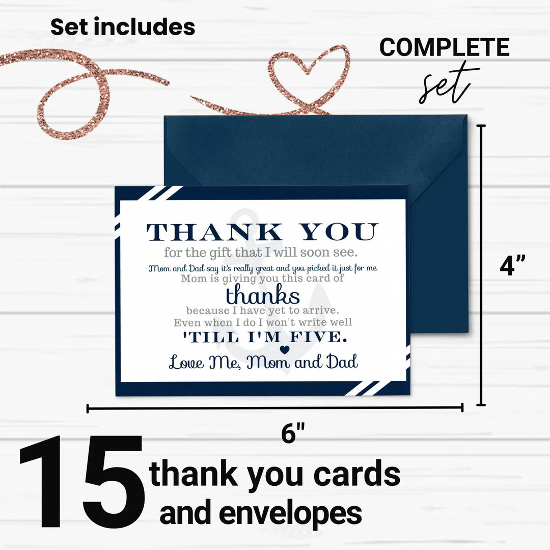 Anchor Boys Baby Shower Thank You Cards - Nautical (15 Pack) with Blue Envelopes, 4x6