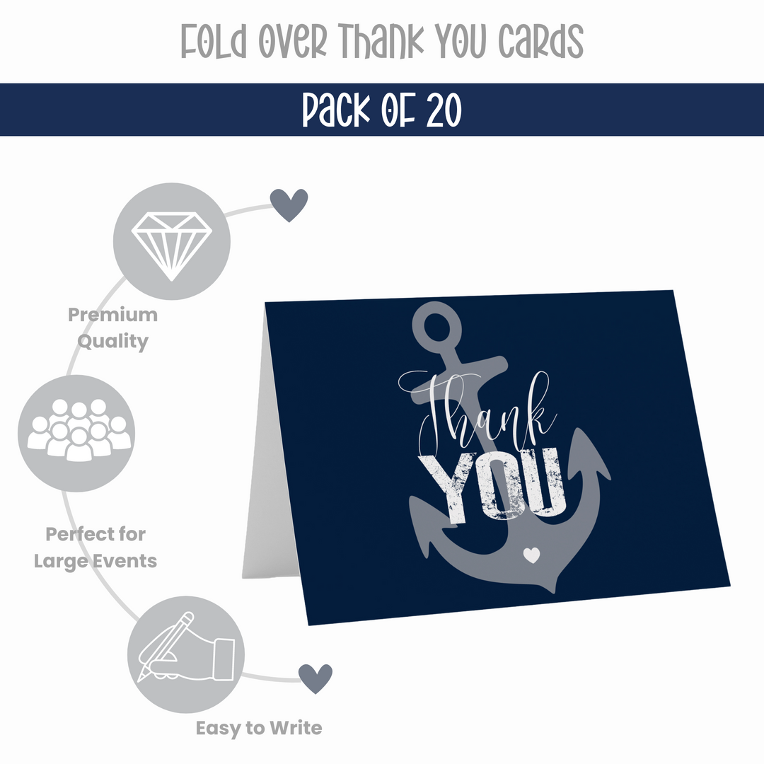 Classic Nautical Anchor Thank You Cards - 20-Pack for Showers, Weddings, and More - Paper Clever Party