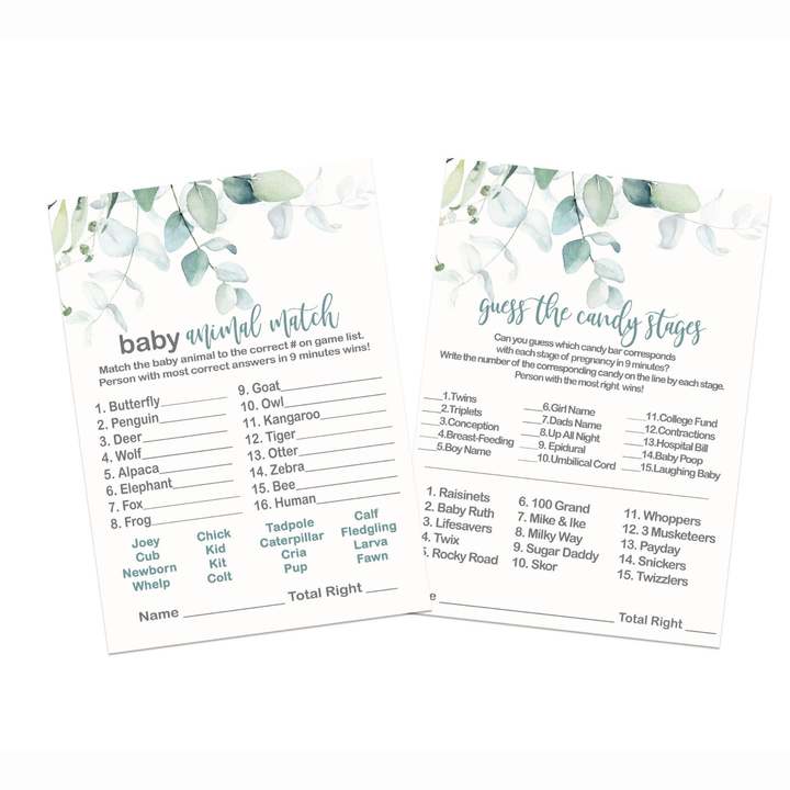 Rustic Eucalyptus Baby Shower Game Bundle, 5x7 Cards (25 ct) - Paper Clever Party