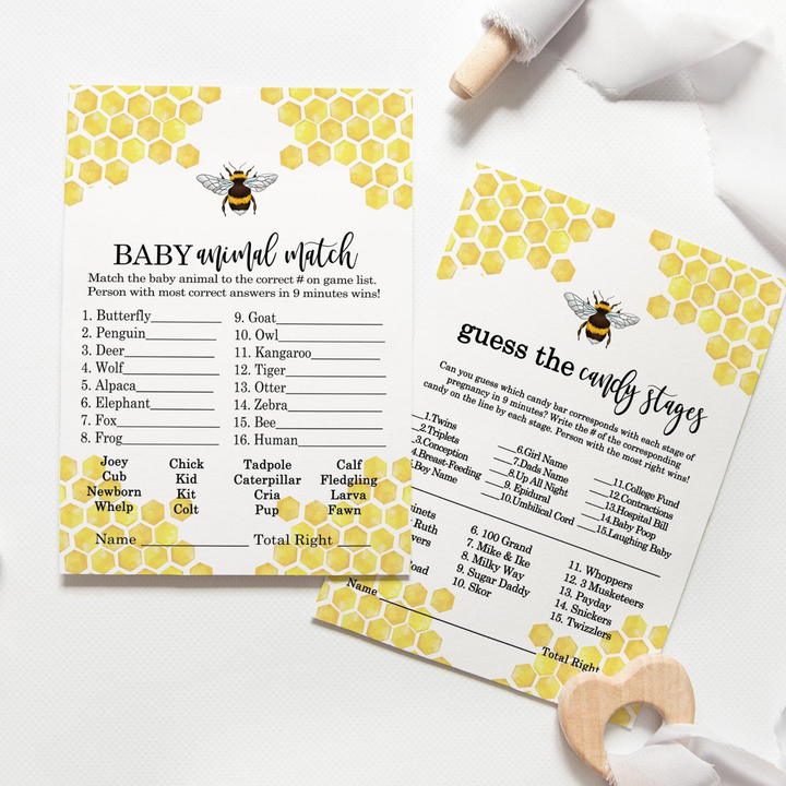 Mama Bee Baby Shower Game Set with Animal Match and Candy Bar Guessing, Yellow & Black, 5x7 Cards (25 ct) - Paper Clever Party