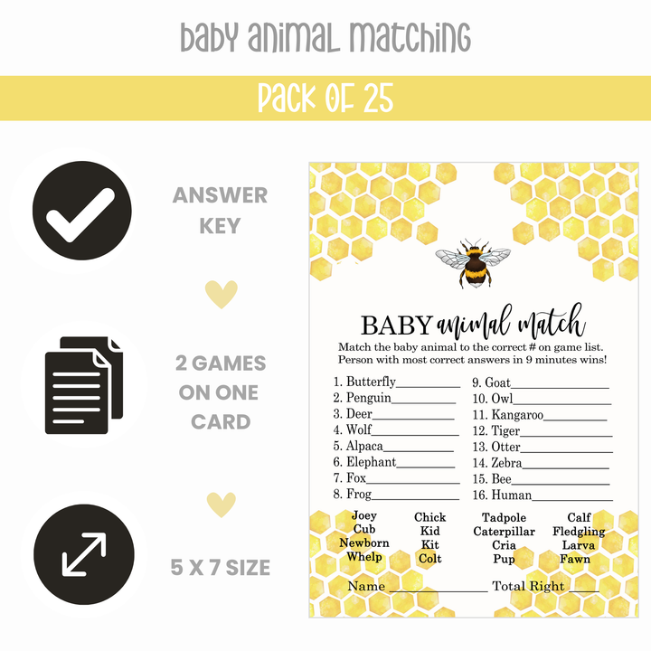 Mama Bee Baby Shower Game Set with Animal Match and Candy Bar Guessing, Yellow & Black, 5x7 Cards (25 ct) - Paper Clever Party