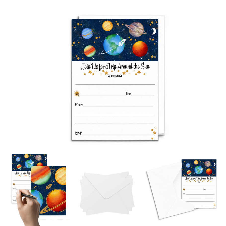 Around the Sun Party Invitations with Envelopes, 25 Pack, Space and Rocketship, 5x7 Blank Cards - Paper Clever Party