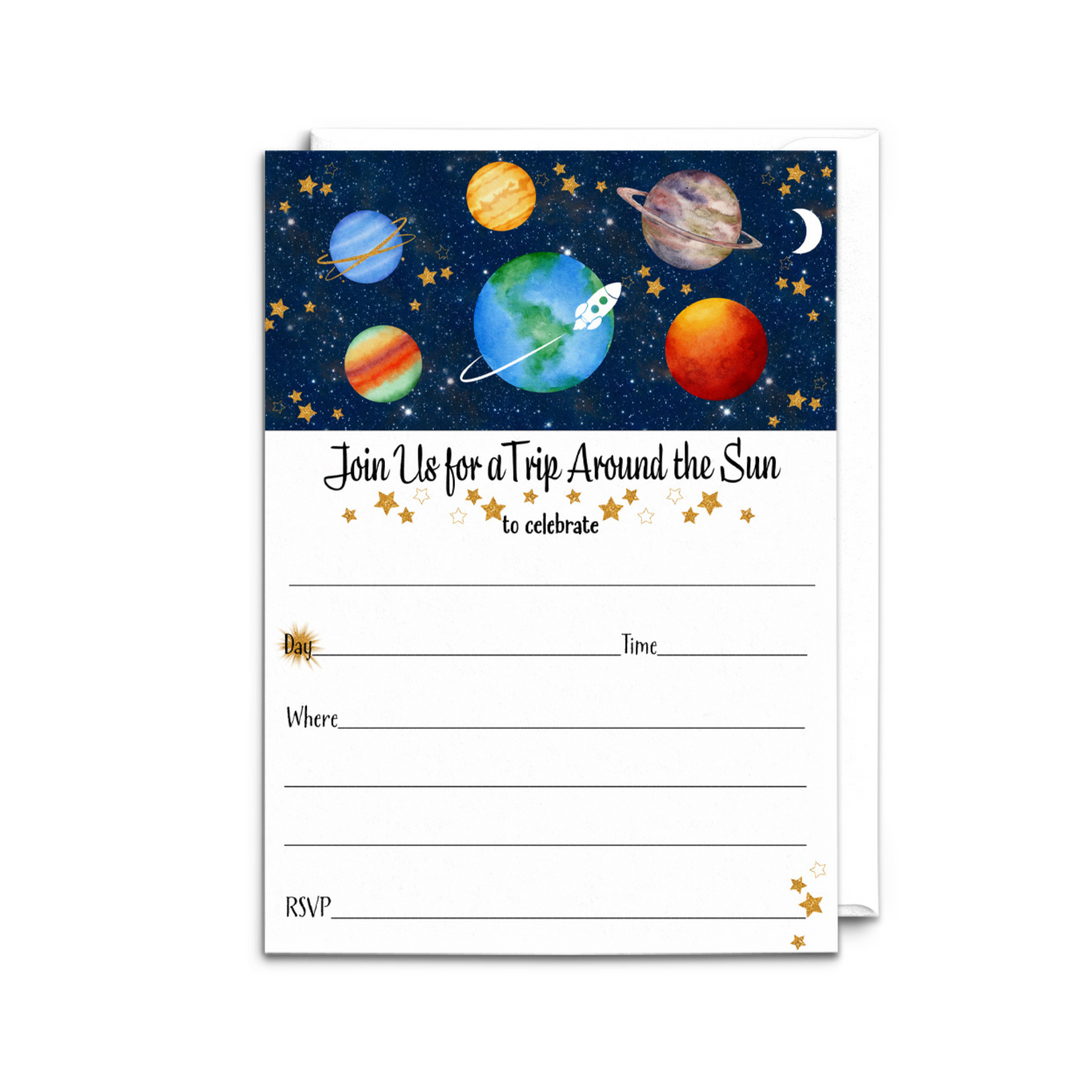 Around the Sun Party Invitations with Envelopes, 25 Pack, Space and Rocketship, 5x7 Blank Cards - Paper Clever Party