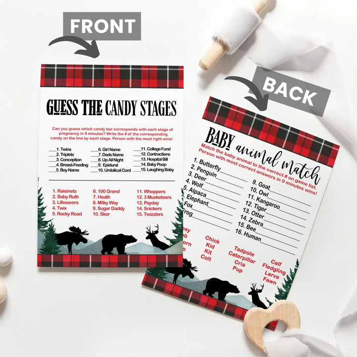 Log Cabin Laughs” - Lumberjack Baby Shower Game Set, 5x7 Double-Sided Cards (25 ct)