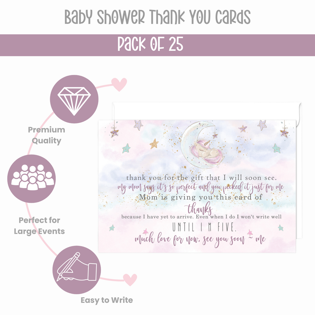 Unicorn Thank You Cards for Baby Girls – Personalized Notecards (Pack of 25) - Paper Clever Party