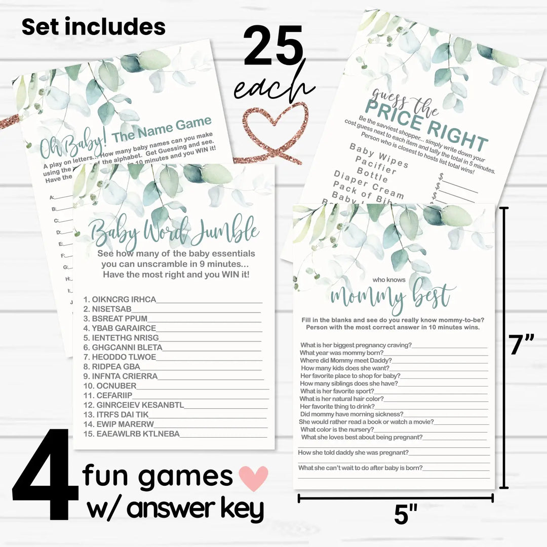 Botanical Bliss - Eucalyptus & Gold Baby Shower Game Set, 5x7 Double-Sided Cards (25 ct)