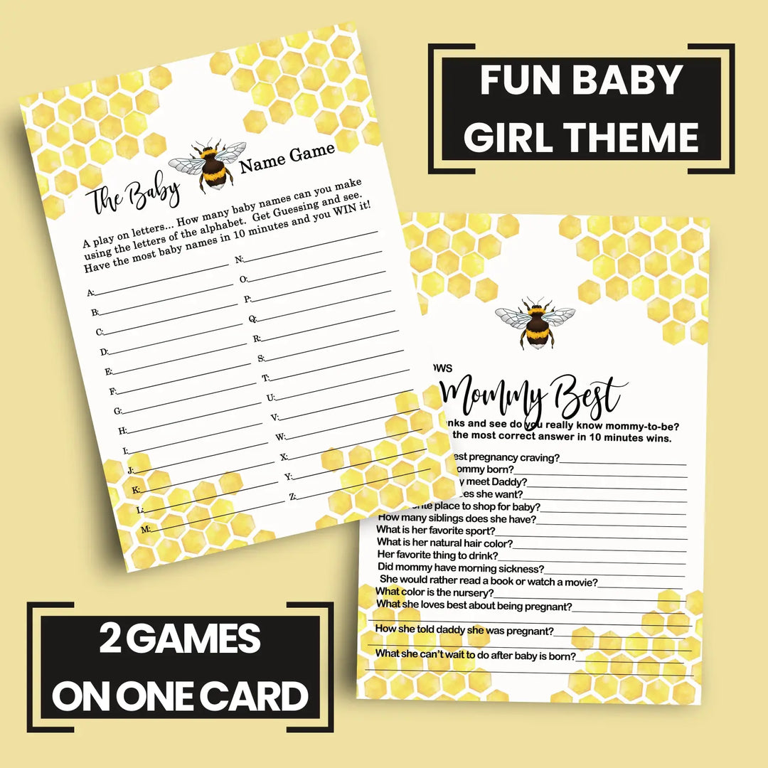 Mama to Bee Baby Shower Games, 25 Each - Baby Name Race and Who Knows Mommy Best, Fun Baby Games for Baby Shower, Bumblebee Favors Decor Ideas, Gender Neutral Baby Shower Activity Planning, Two-Sided