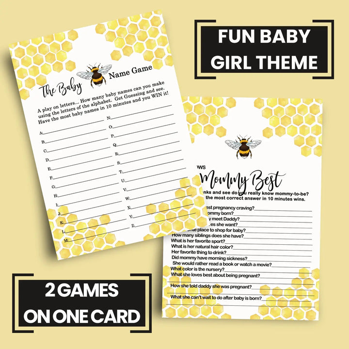 Mama to Bee Baby Shower Games, 25 Each - Baby Name Race and Who Knows Mommy Best, Fun Baby Games for Baby Shower, Bumblebee Favors Decor Ideas, Gender Neutral Baby Shower Activity Planning, Two-Sided