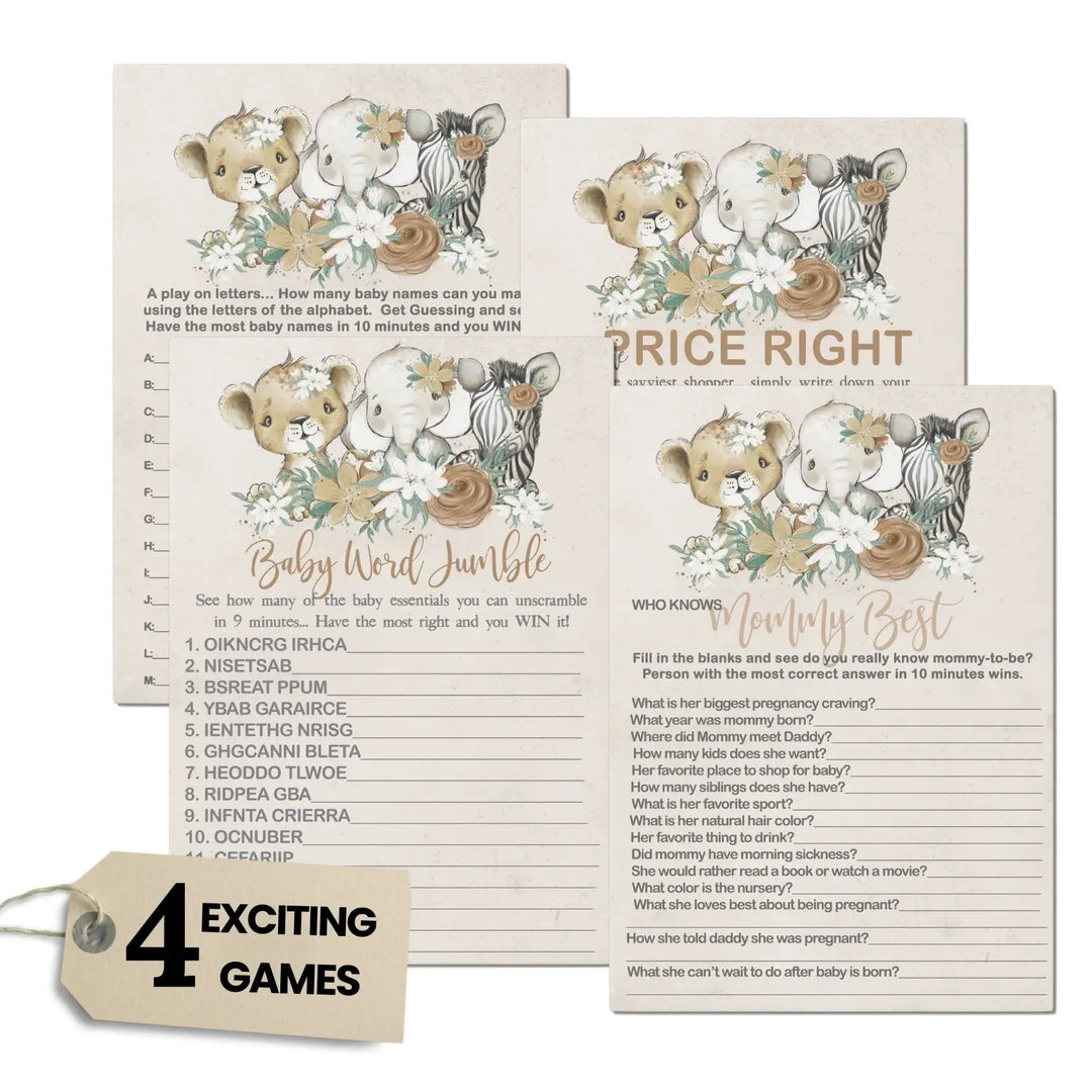 Jungle Jubilee - Flora Safari Baby Shower Game Set, Gold & Greenery, 5x7 Cards (25 ct)