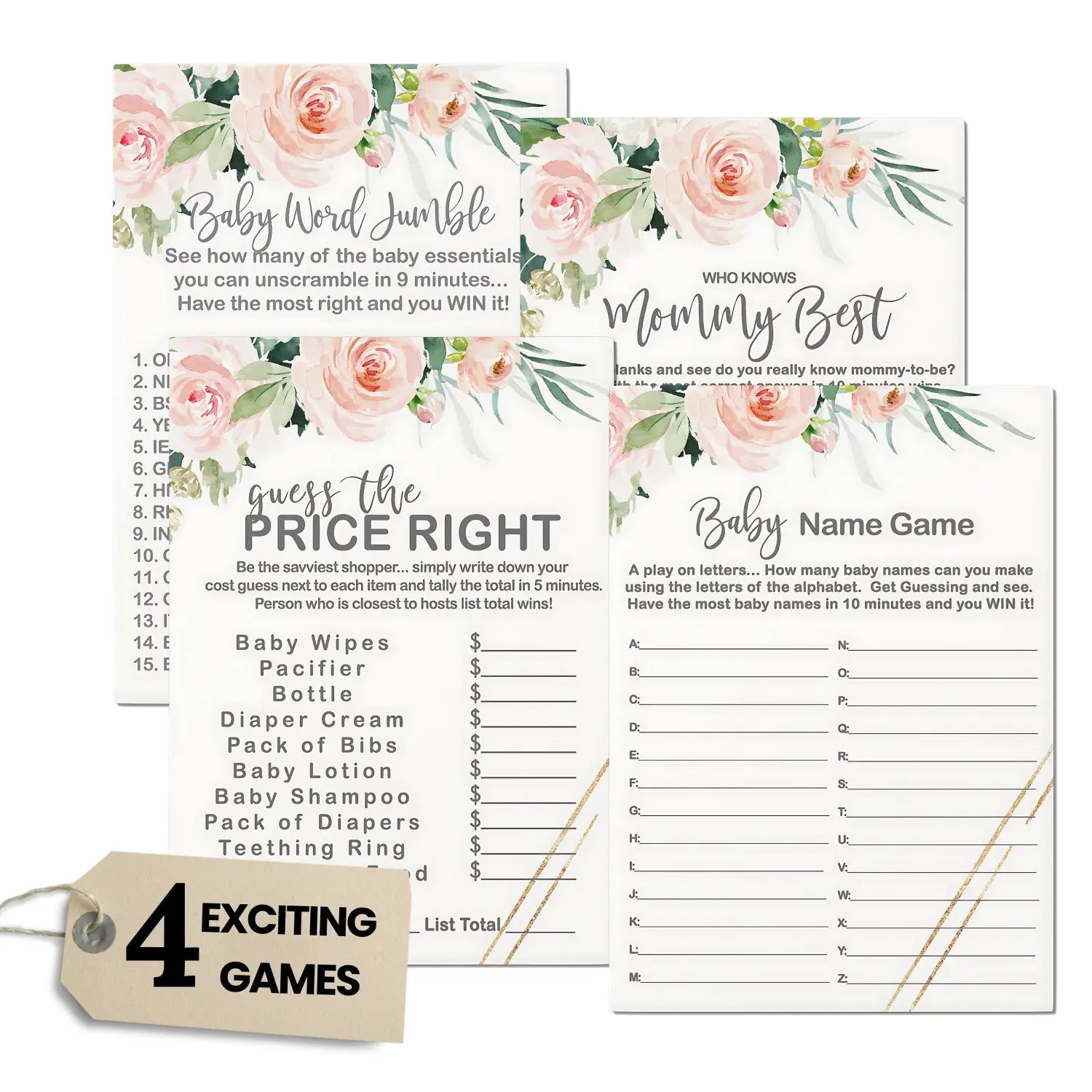 Baby shower games for girl - 25 activities guests include word scramble guess the price name race and who knows mommy