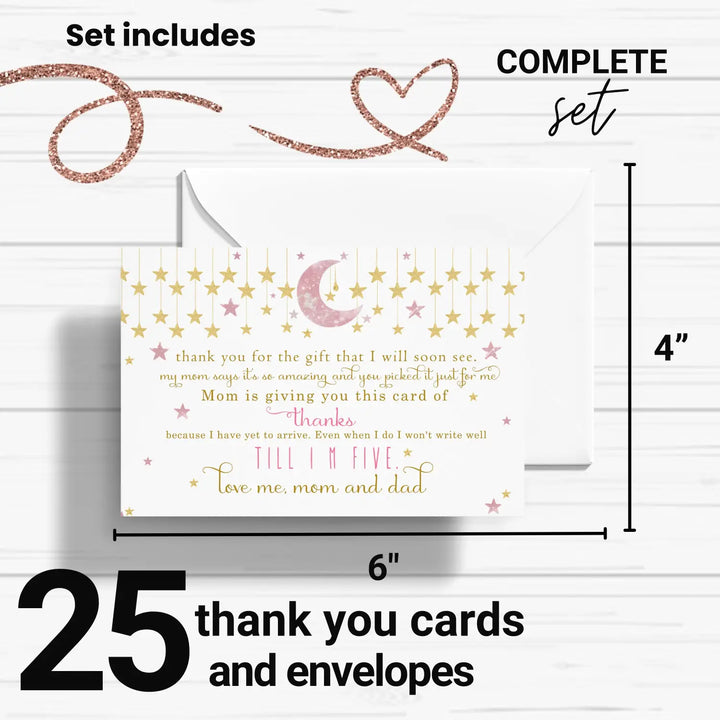 Twinkle Little Star Thank You Cards for Girls – Pink and Gold Notecards (Pack of 25)