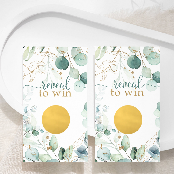 Gold & Greenery Scratch Off Game (30 Pack) - Rustic Floral, Ideal for Bridal & Baby Shower, Succulent Wedding Favors - Paper Clever Party