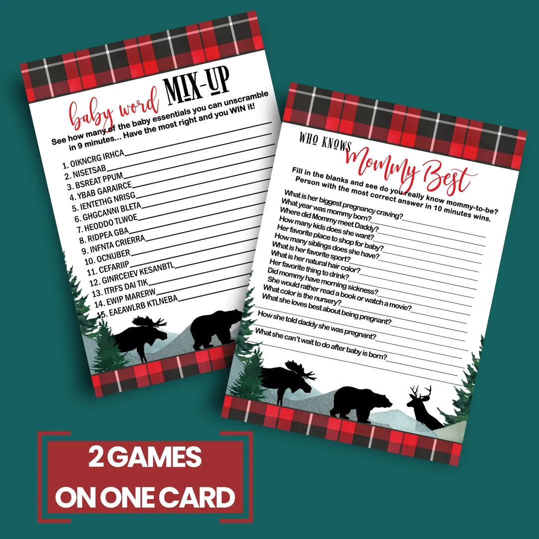 Log Cabin Laughs” - Lumberjack Baby Shower Game Set, 5x7 Double-Sided Cards (25 ct)