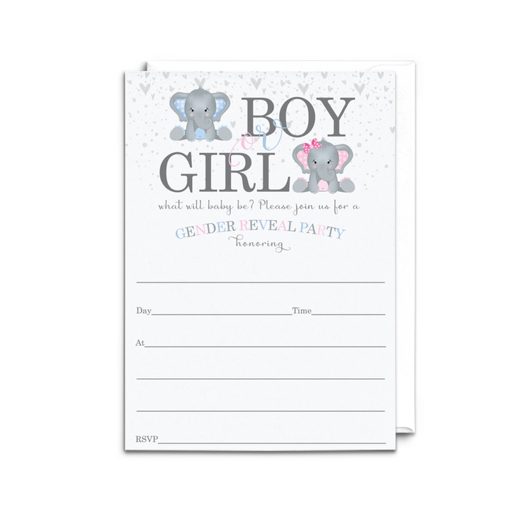 Elephant Gender Reveal Invites - 25ct, Pink & Blue, 5x7 - Paper Clever Party