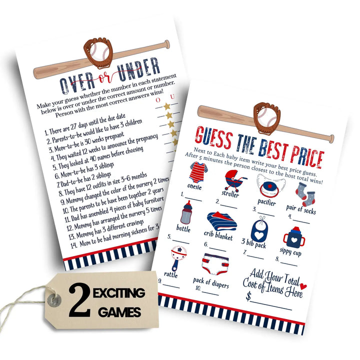 Home Run Baby Shower Game Set – Over or Under and Guess the Price Right 2 Pack of Baseball Themed Activities Ideas and Planning