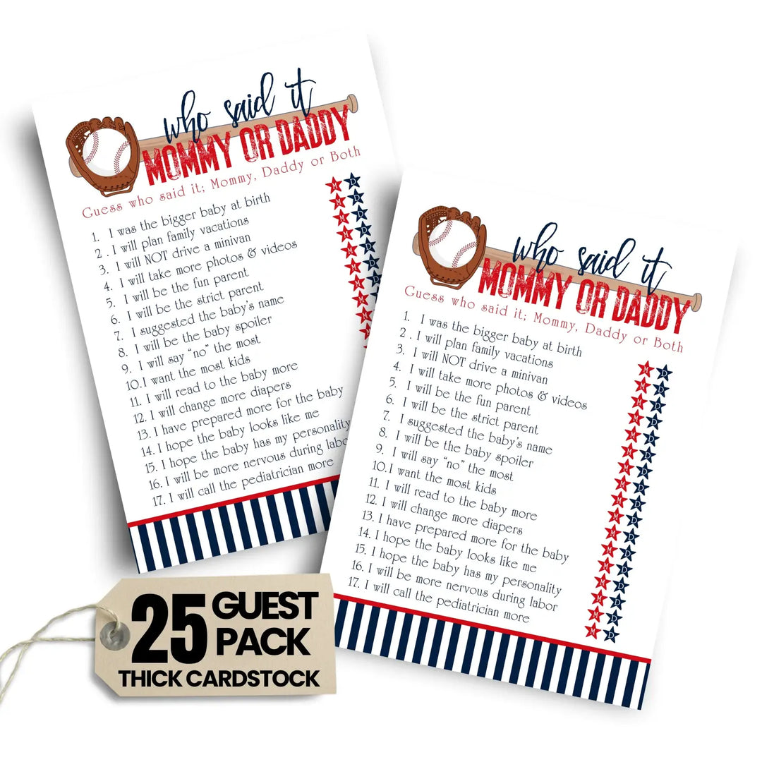 Baseball Mommy or Daddy Baby Shower Game - 25 Pack Guess Who Activity Cards, Sports Themed Red and Blue Gender Reveal, Printed 5x7 Set