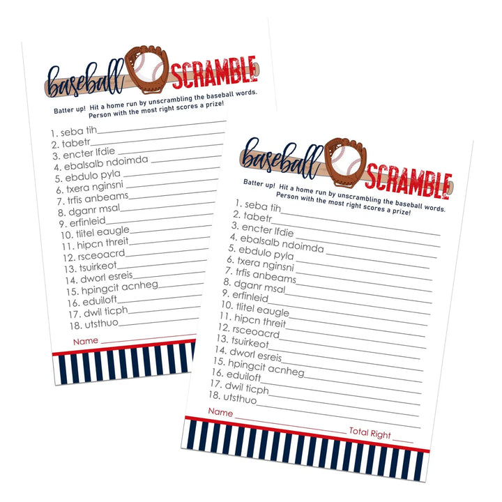 Baseball Word Scramble Baby Shower Games - Fun Unscramble Activities for Gender Reveal, Red and Blue Themes, 25 Cards