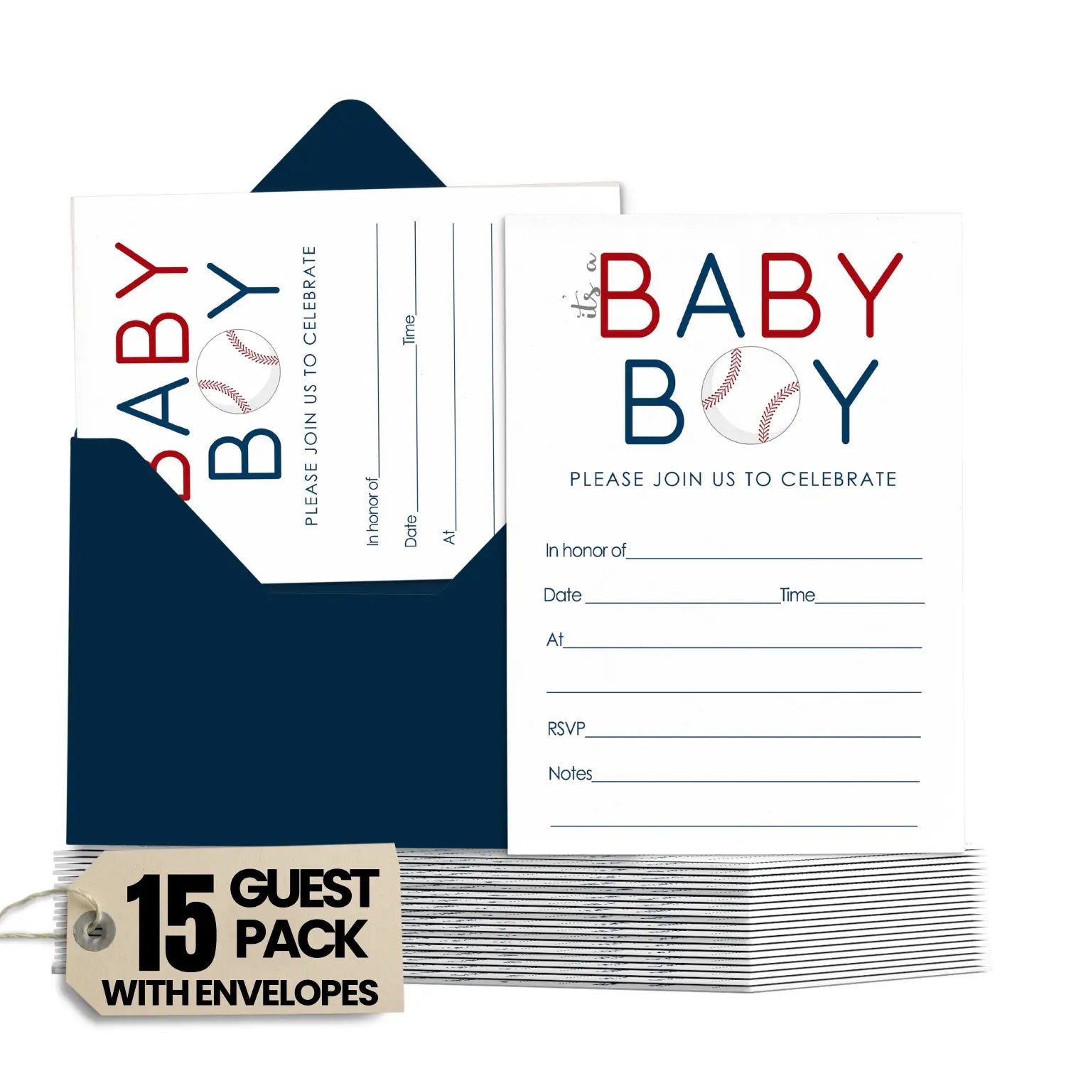 Baseball baby shower invitations with envelopes (15 pack)
