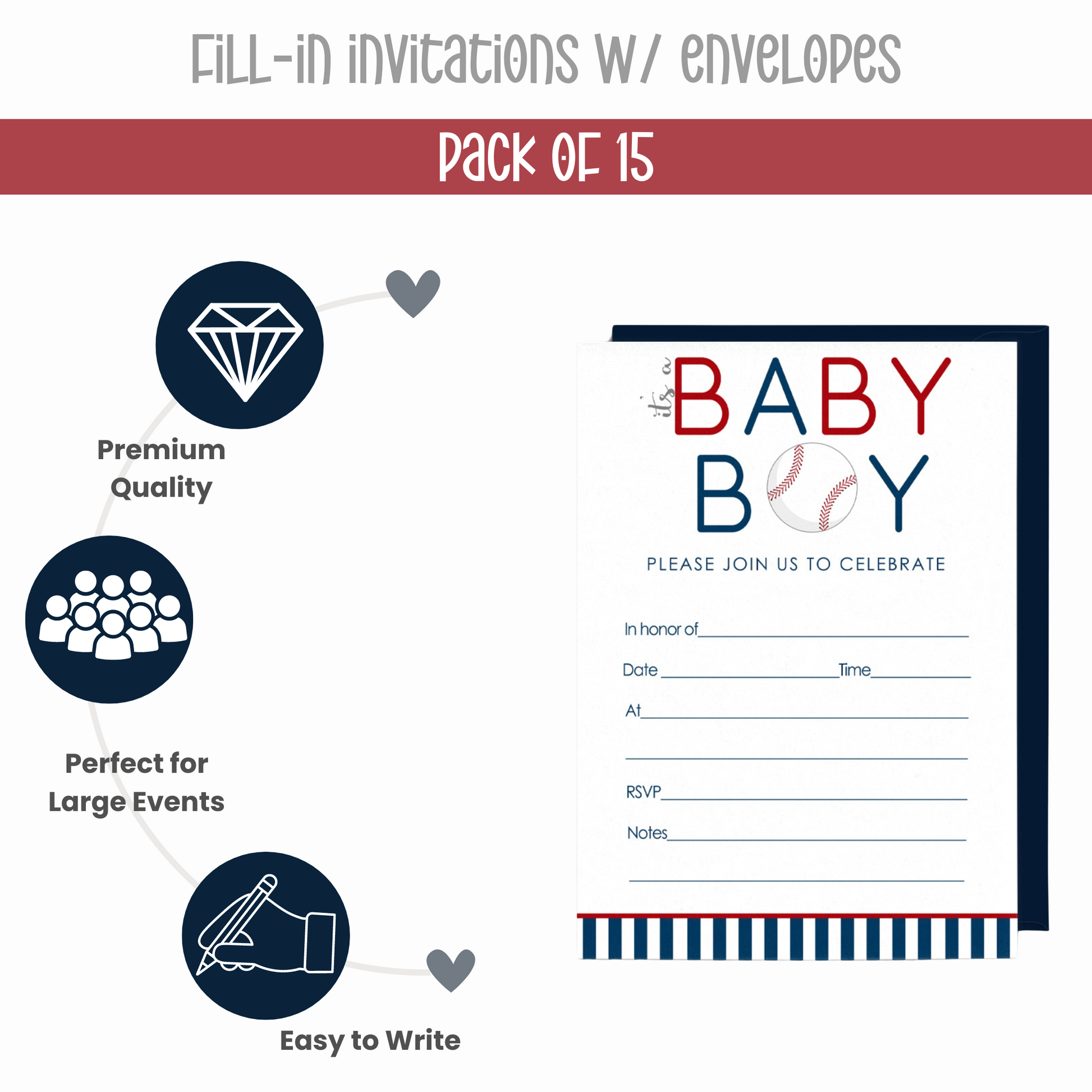 Baseball Baby Shower Invitations with Envelopes (15 Pack) - Paper Clever Party