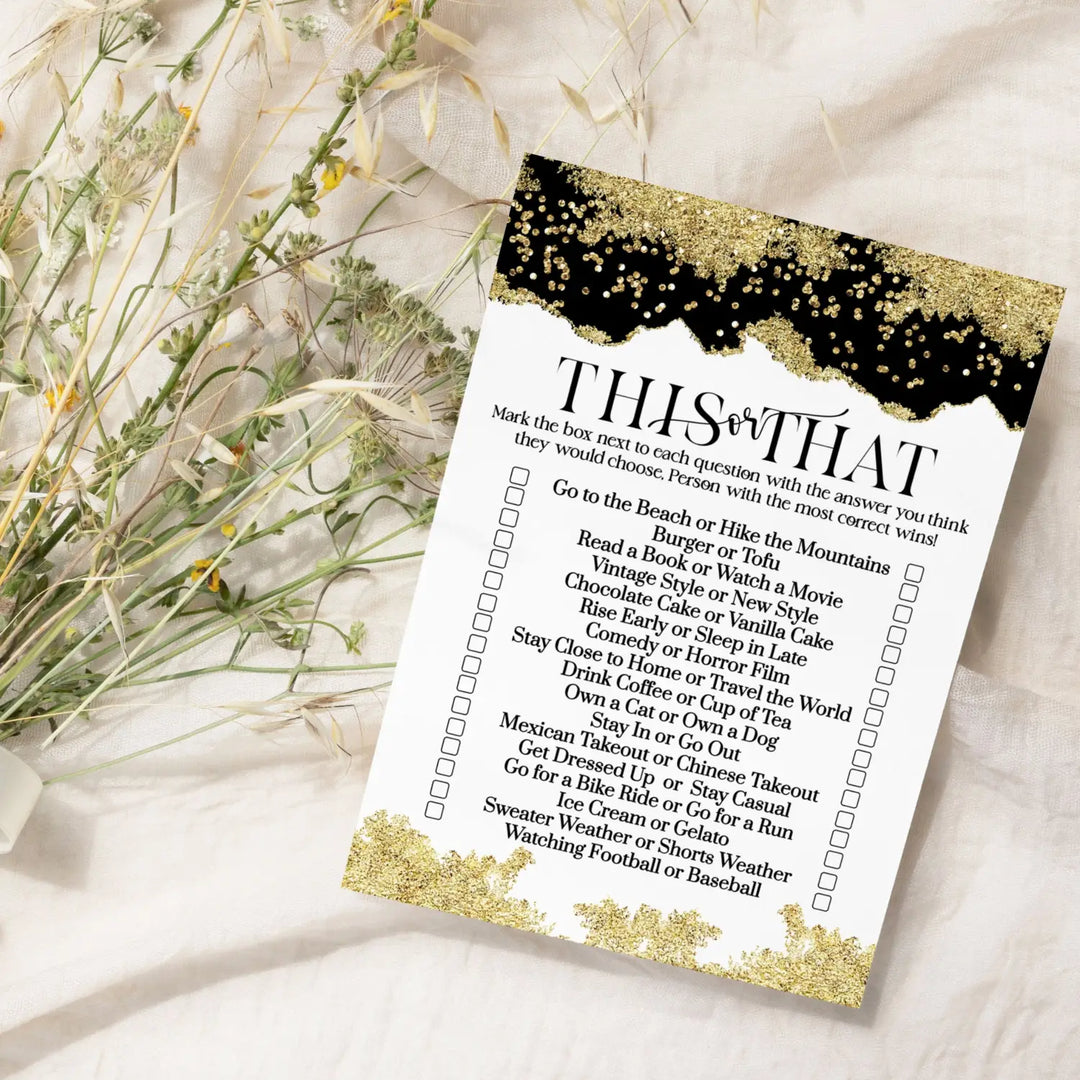 Black and Gold Bridal Shower Games - Would She Rather Bridal Shower Game, Fun This or That for Graduation Party, Rehearsal Dinner, Birthday Girl, Modern Design, 25 Card Pack