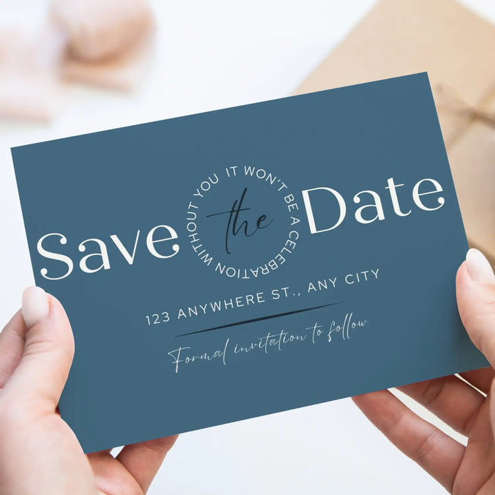 Custom dusty blue cream and black save the date cards - personalized 4x6 inch invitations with elegant typography white