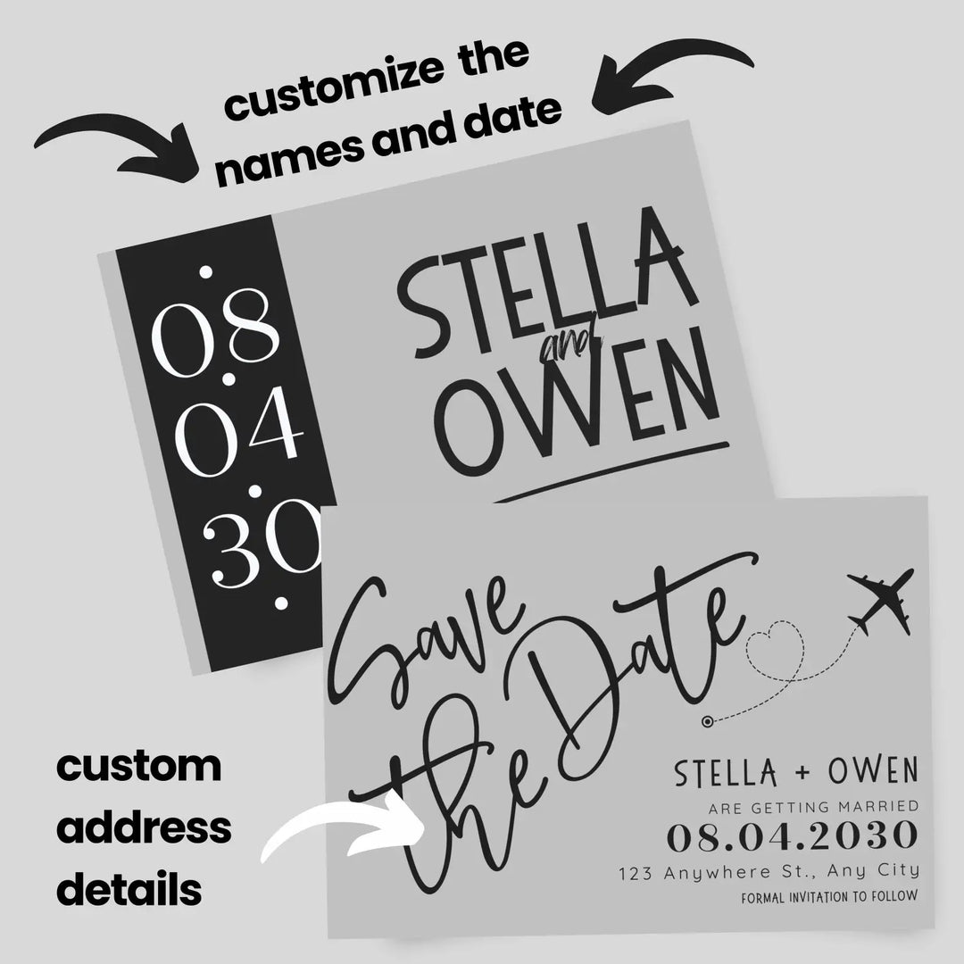 Custom grey and black save the date cards - personalized 4x6 inch invitations with elegant typography white envelopes