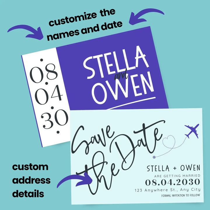 Custom minty aqua and lilac save the date cards - personalized 4x6 inch invitations with elegant typography white