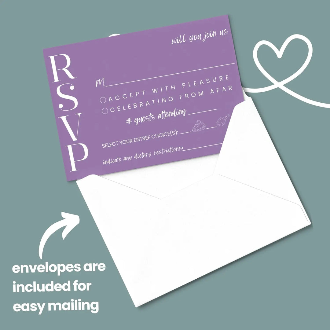 Custom Purple and Sage RSVP Cards - Premium 120lb Cardstock, Elegant Calligraphy, 4x6 Inch Size, Personalized Dates & Names