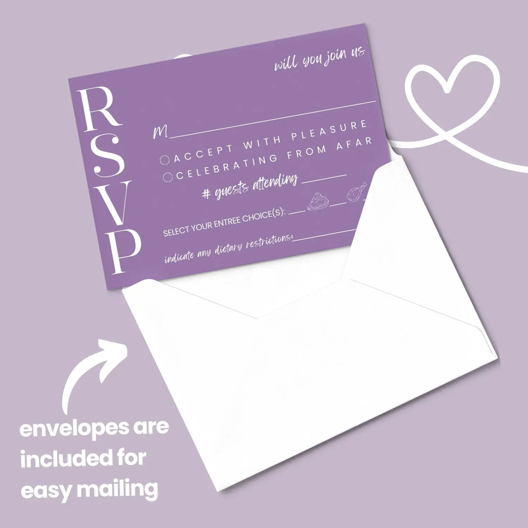 Custom Bold Purple RSVP Cards with Elegant White Calligraphy - Premium Card Stock, 4x6 Inch Size