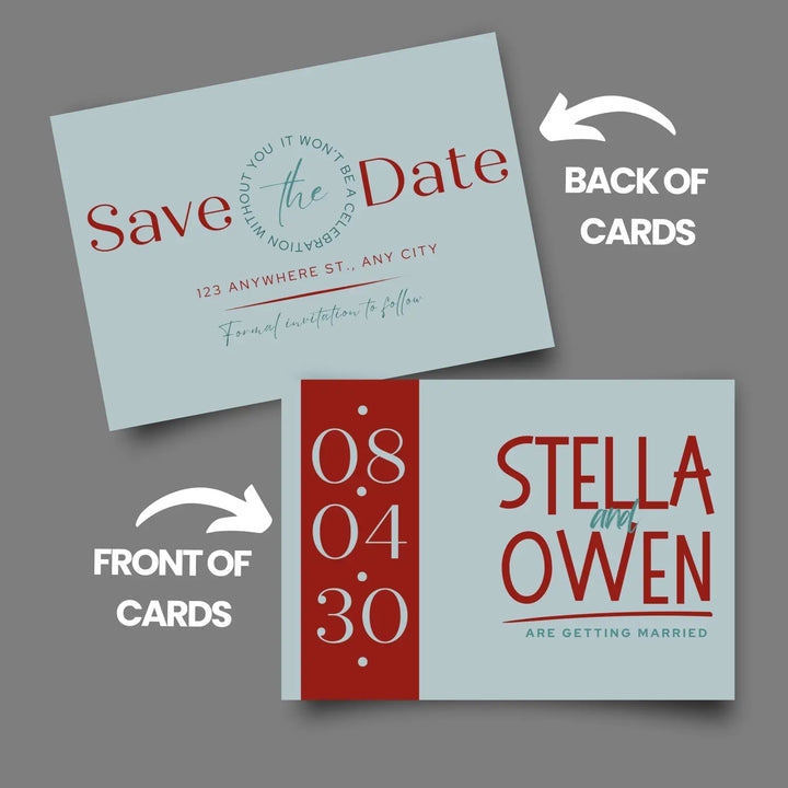 Custom Red and Blue Save the Date Cards - Personalized 4x6 Inch Invitations with Elegant Typography and White Envelopes - Perfect for Weddings, Birthdays, and Showers