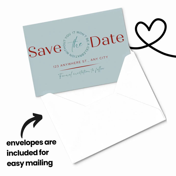 Custom Red and Blue Save the Date Cards - Personalized 4x6 Inch Invitations with Elegant Typography and White Envelopes - Perfect for Weddings, Birthdays, and Showers