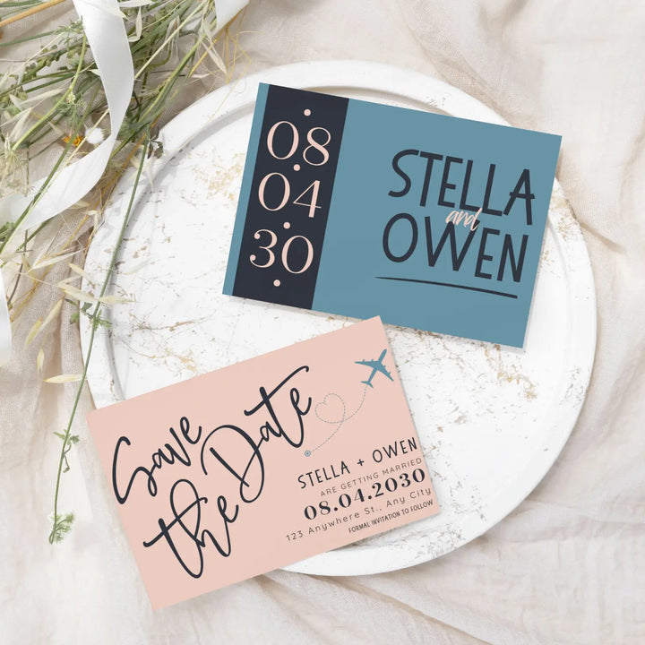 Custom teal peach and slate grey save the date cards - personalized 4x6 inch invitations with elegant typography white