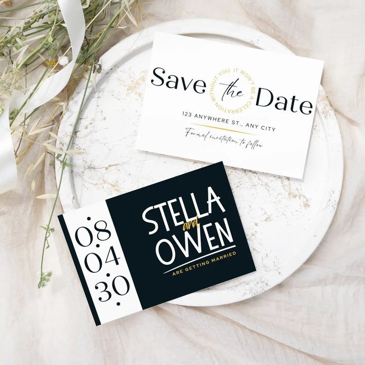 Custom black and vintage white save the date cards - personalized 4x6 inch invitations with elegant typography