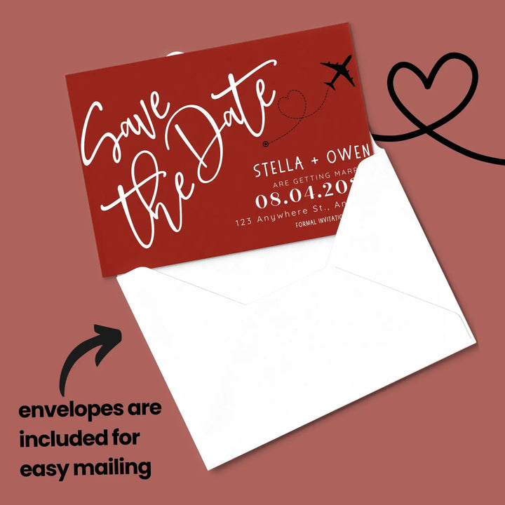 Custom Retro Red, White, and Black Save the Date Cards - Personalized 4x6 Inch Invitations with Elegant Typography and White Envelopes - Perfect for Weddings, Birthdays, and Showers