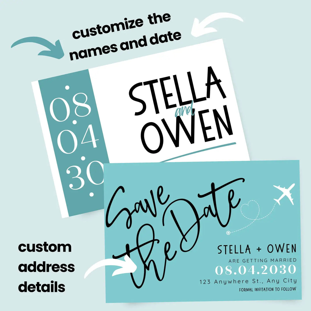 Custom Aqua and Jade Save the Date Cards - Personalized 4x6 Inch Invitations with Elegant Typography and White Envelopes - Perfect for Weddings, Birthdays, and Showers