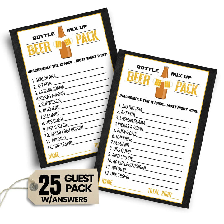 Beer Word Scramble Game - Unscramble Activity Cards for Adults, Daddy Diaper Shower, Coed Wedding Groups, Retirement, Barbecue, Tailgating, 25 Pack, 4x6 Size