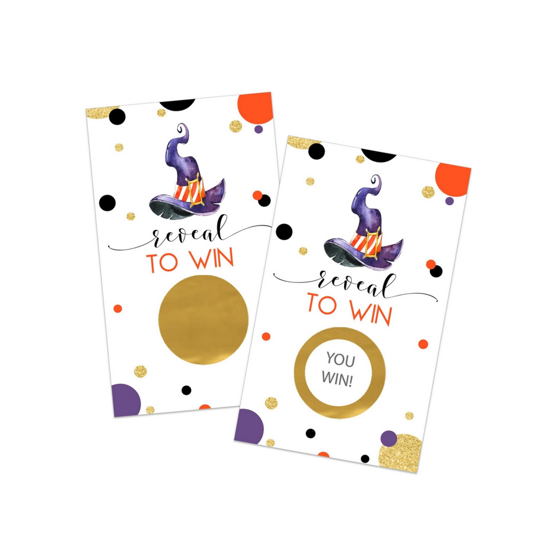 Bewitching Scratch Off Cards (28 Pack) Halloween Party Games for Pumpkin Baby Shower, Raffle Tickets Drawing Prizes Orange and Purple - Witch Theme Favors - Paper Clever Party