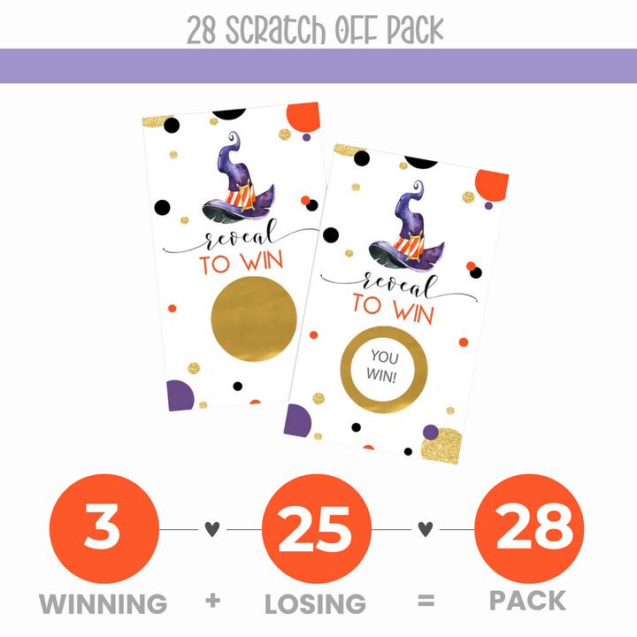 Bewitching Scratch Off Cards (28 Pack) Halloween Party Games for Pumpkin Baby Shower, Raffle Tickets Drawing Prizes Orange and Purple - Witch Theme Favors - Paper Clever Party