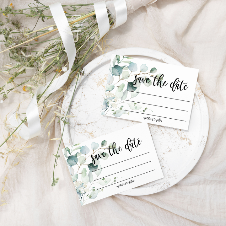 Eucalyptus Greenery Save the Date Cards (25 Pack) - Eco-Friendly Invitations with Envelopes - 3.5x5 - Paper Clever Party