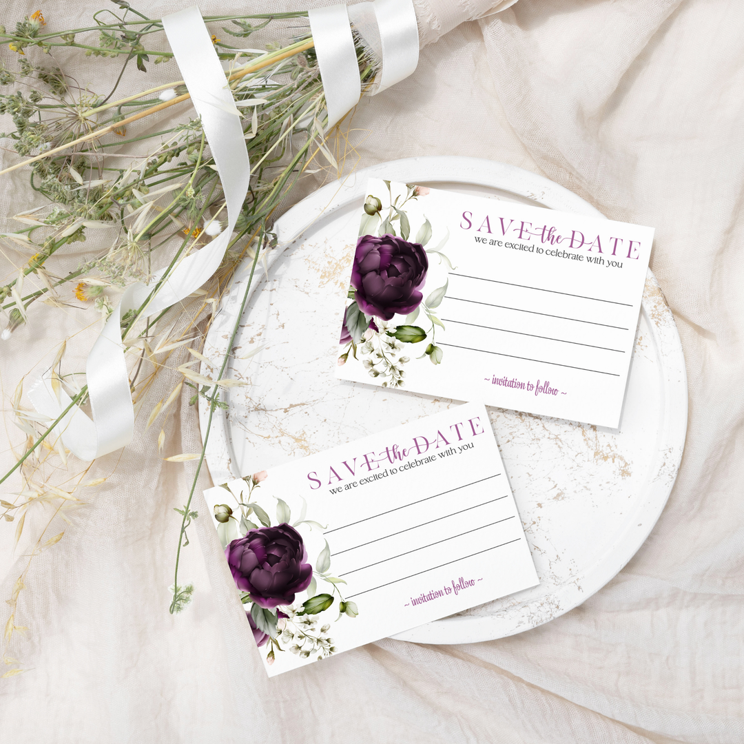 Modern Purple Floral Save the Date Cards (25 Pack) - Sophisticated Invitations with Envelopes - 3.5x5 - Paper Clever Party