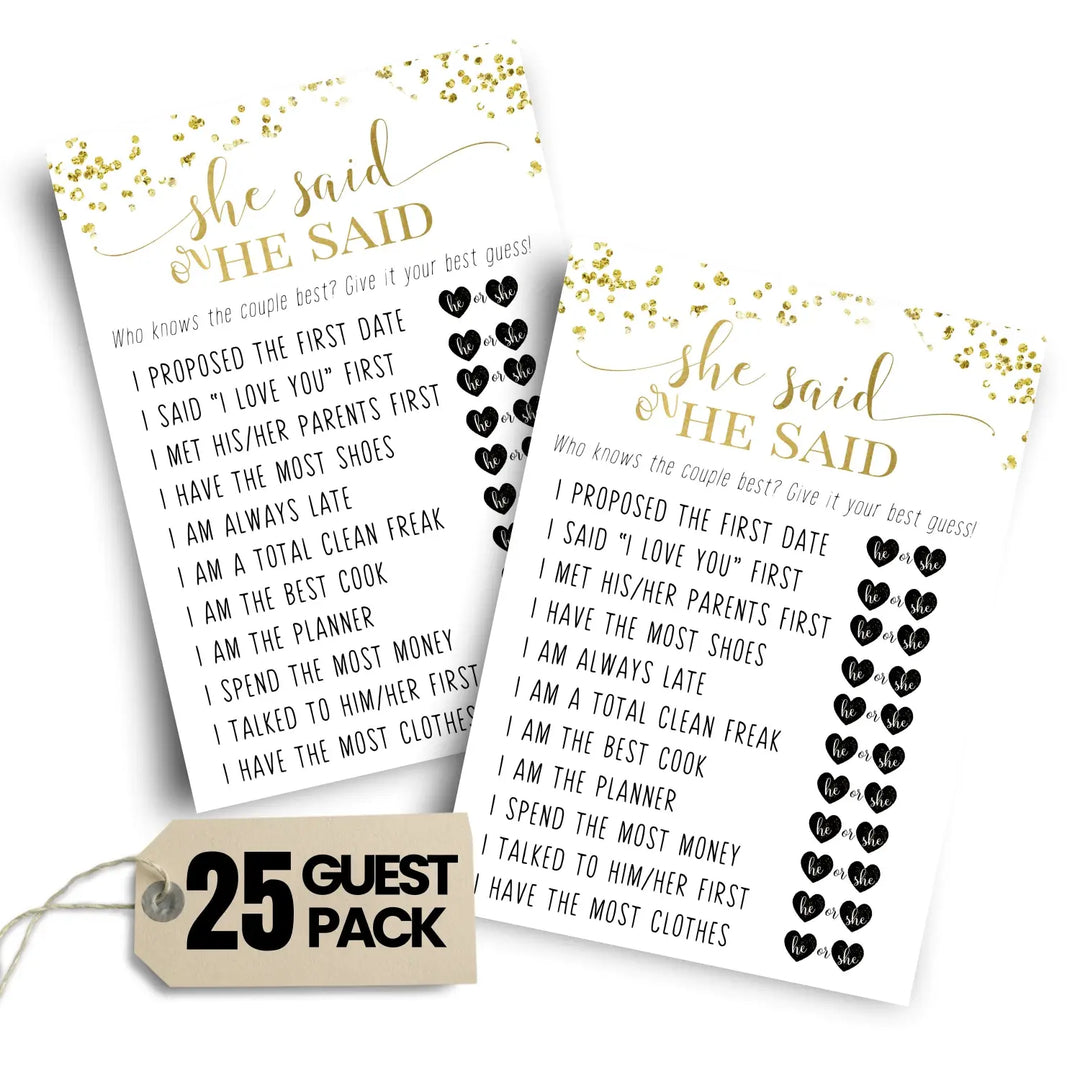 Black and Gold Bridal Shower Games - 25 Cards - He Said She Said Bridal Shower Game, What Did the Bride and Groom Say Guess Who Wedding Activity - Engagement, Rehearsal Dinner, Modern Design