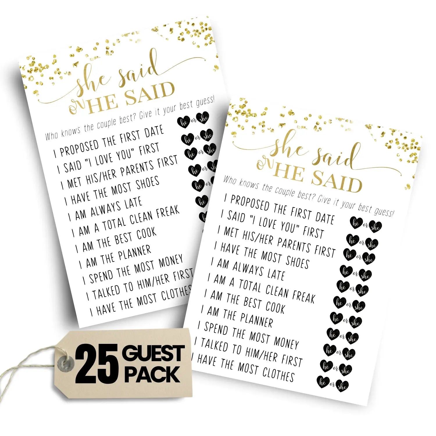 Black and gold bridal shower games - 25 cards - he said she game what did the bride groom say guess who wedding
