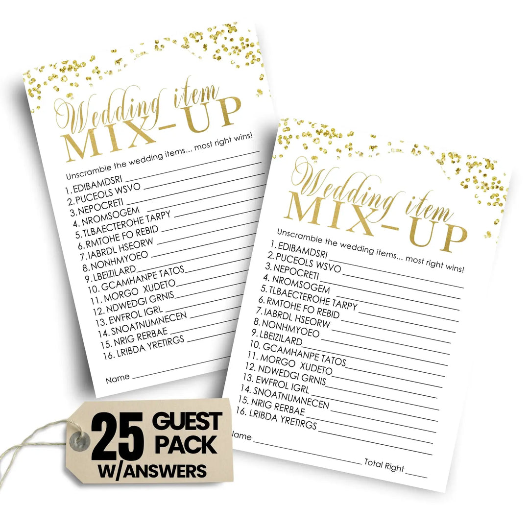 Black and Gold Bridal Shower Games - 25 Cards - Wedding Word Scramble Game Fun Guess Activity for Guests Engagement Party, Rehearsal Dinner, Modern Design Abstract