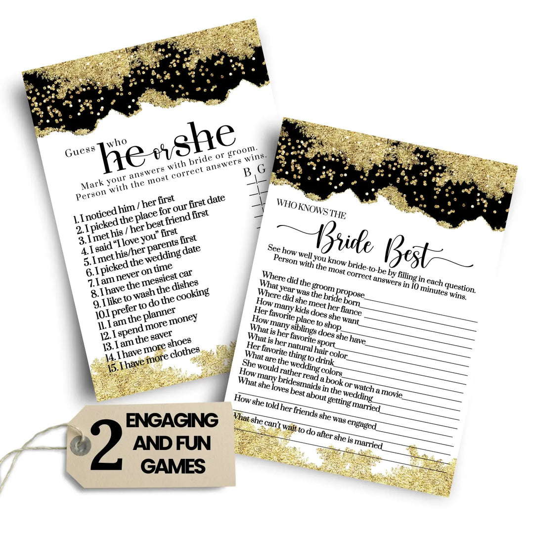 Black and Gold Bridal Shower Games - He Said or She Said & Who Knows the Bride Best Wedding Shower Game - Ideas for Engagement Party, Rehearsal Dinner, Boho Floral Design, 25 Double-Sided Card Bundle