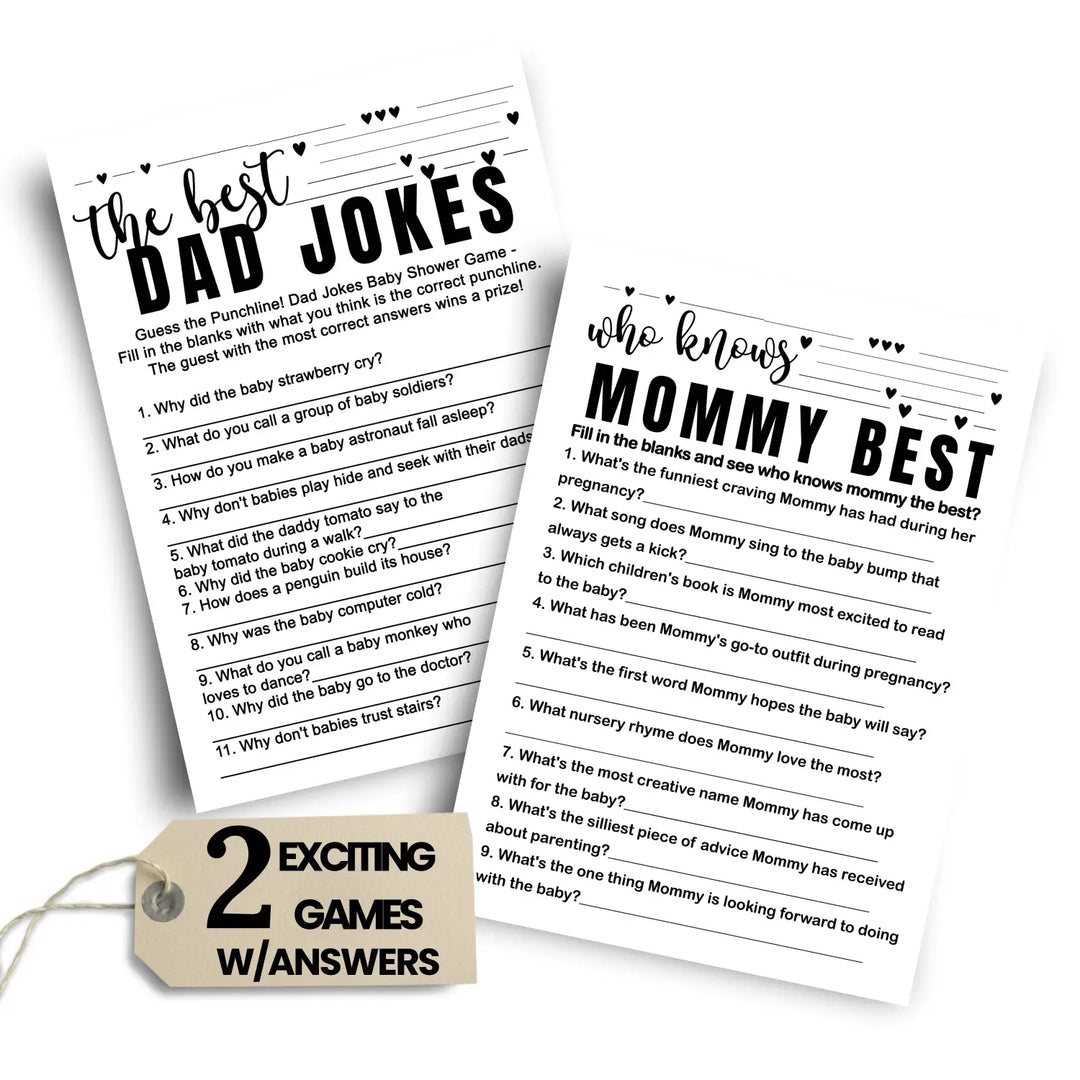 Black and White Baby Shower Game 2-in-1 Set - Who Knows Mommy Best & Dad Jokes, 25 Pack