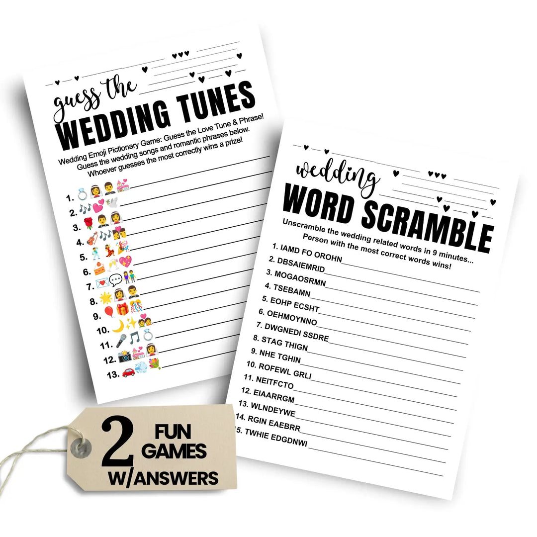 Black and White Bridal Shower Games (25 Each) Wedding Song Pictionary and Word Scramble Fun Guess Activity for Guests Engagement Party, Rehearsal Dinner, Minimalist Design Double-Sided Cards, Bundle