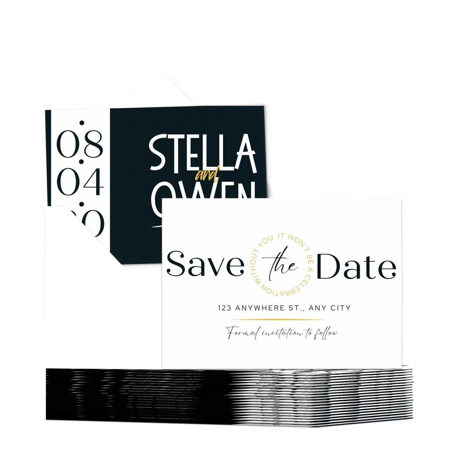 Custom black and vintage white save the date cards - personalized 4x6 inch invitations with elegant typography